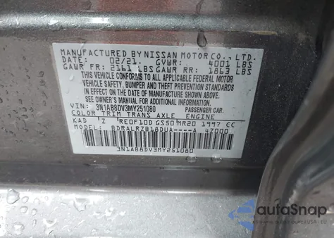 2021 Nissan Sentra Sr Xtronic Cvt из США, поврежденный, VIN 3N1AB8DV3MY251080